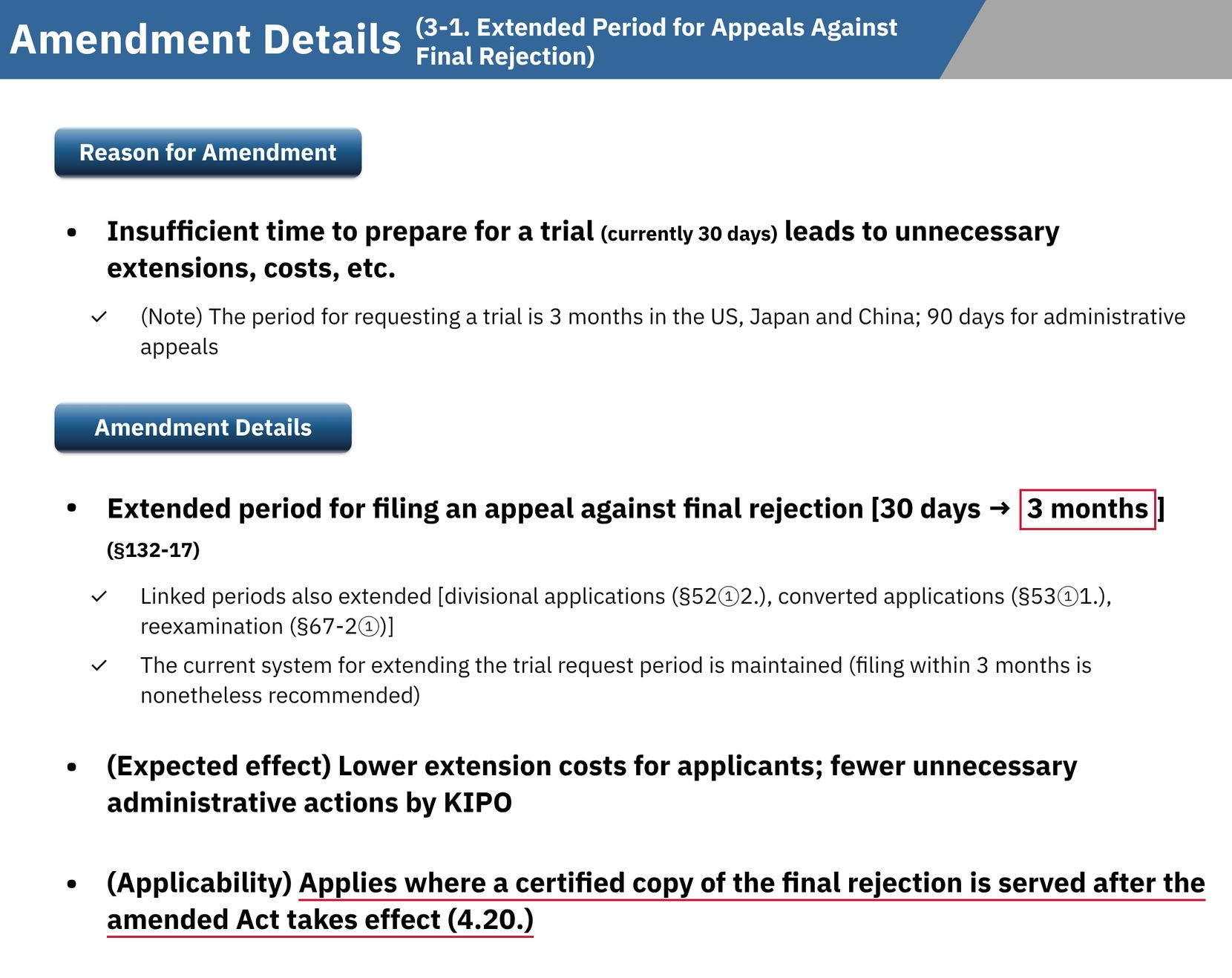 [Law Amendment] Deadlines for Appeals Against Final Rejection and Requests for Reexamination Extended to 3 Months (Effective 2022.04.20)