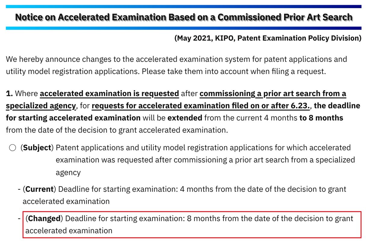 Examination Start Deadline Extended to 8 Months for Accelerated Examination Based on a Prior Art Search (Effective 2021.6.23)